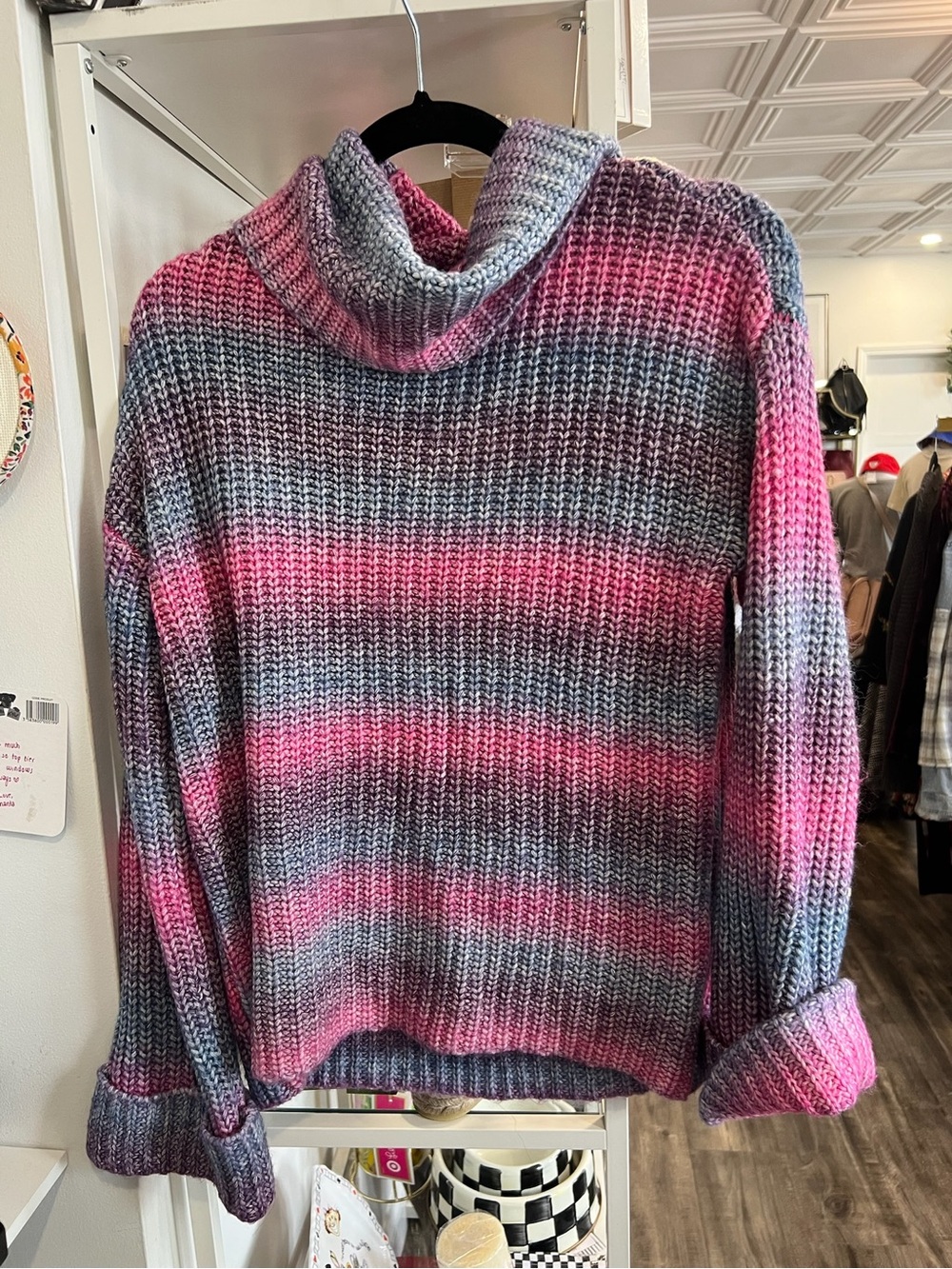 Tribal Jeans Women's Striped Cowl Neck Sweater - Pink & Gray and blue